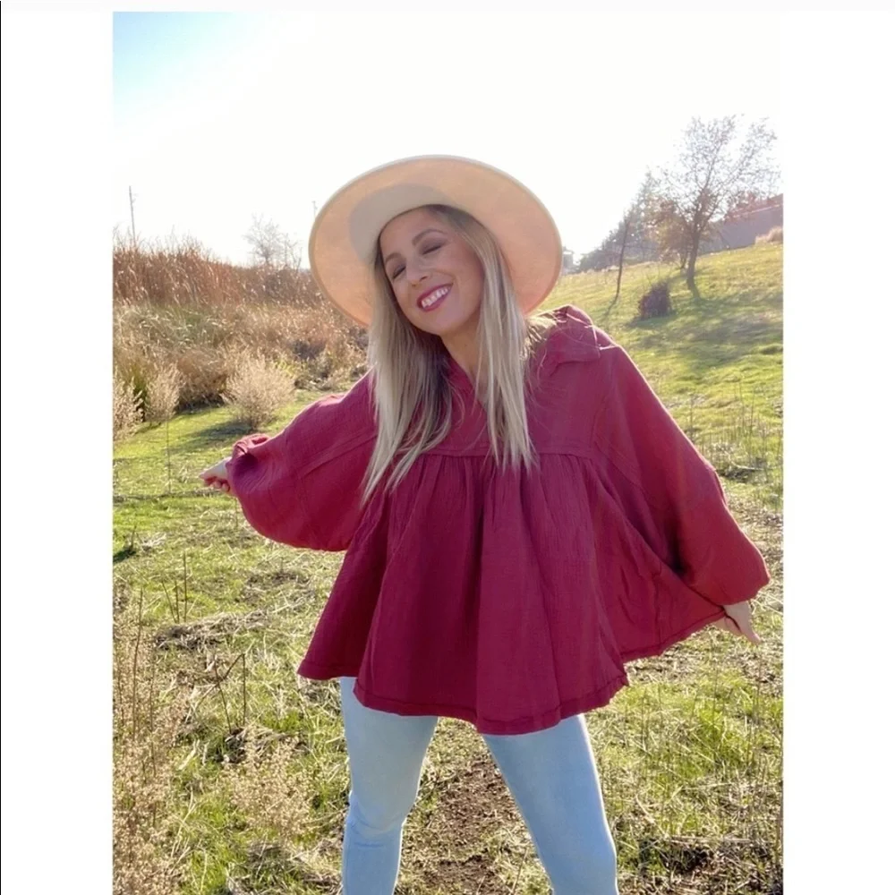 Ces Femme Burnt Orange Gauze Peasant Blouse - Picture 9 of 14